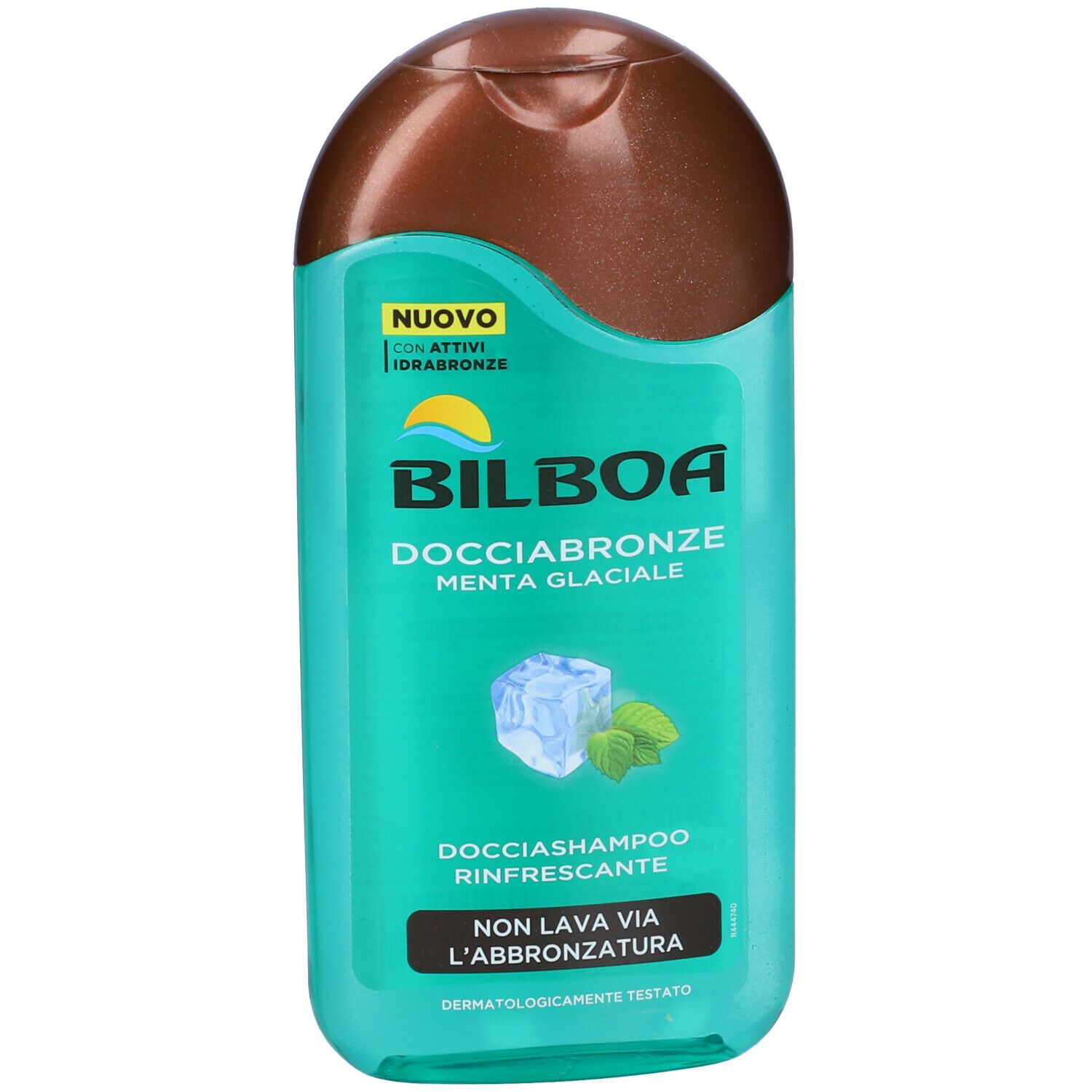 Flacone turchese e marrone. Scritta: Bilboa Docciabronze Menta. Grafica cubetto di ghiaccio e menta. "Nuovo" e "Non lava via l'abbronzatura". Dermatologicamente testato.