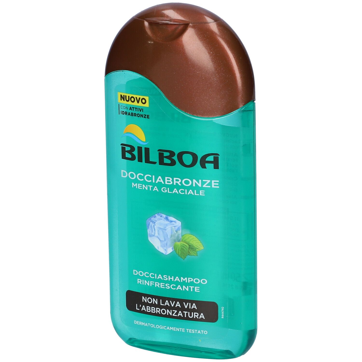 Flacone turchese e marrone. Scritta: Bilboa Docciabronze Menta. Grafica cubetto di ghiaccio e menta. "Nuovo" e "Non lava via l'abbronzatura". Dermatologicamente testato.