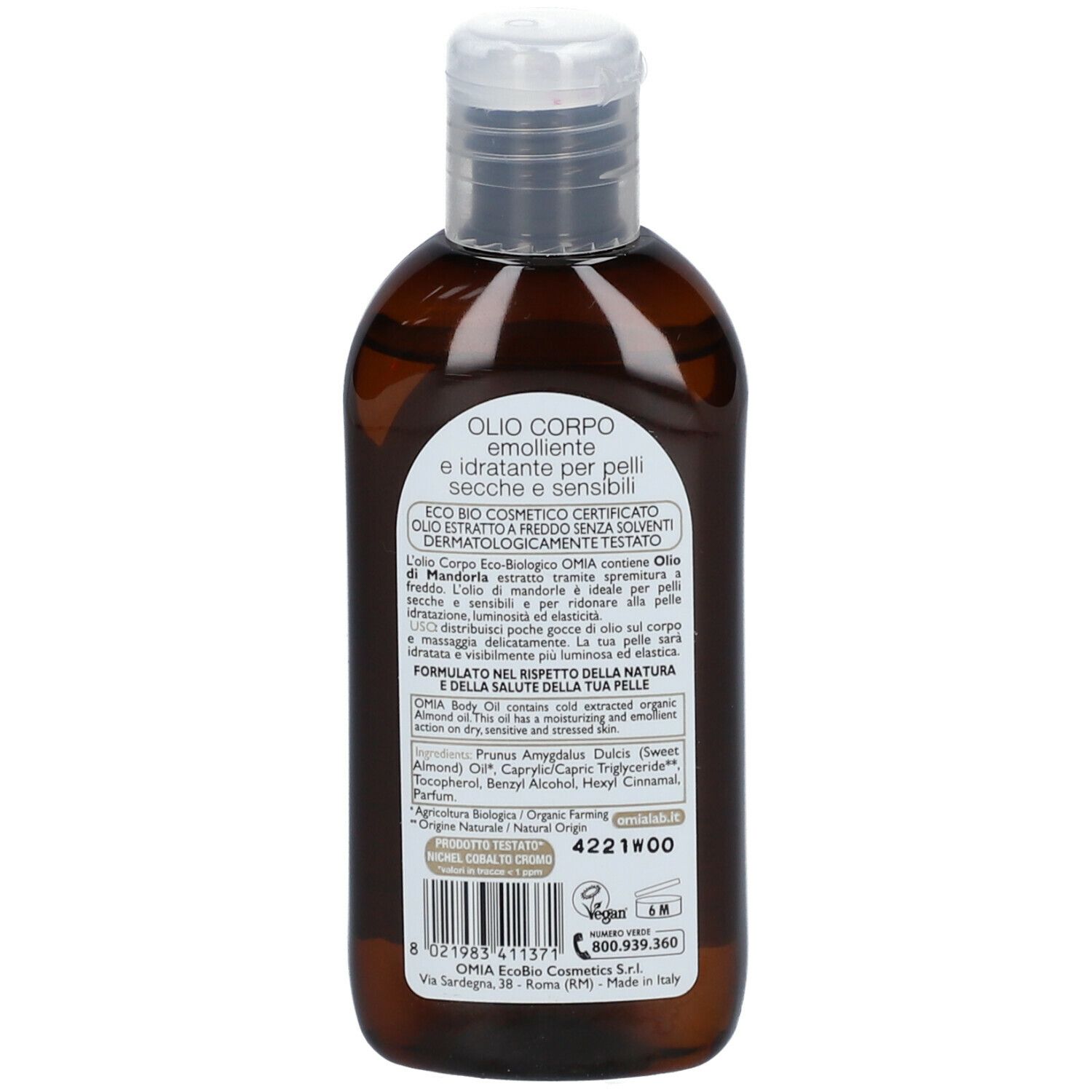 OMIA Olio Corpo emolliente. Flacone marrone con tappo bianco. Retro con testo e codice a barre. Sigillo vegano.