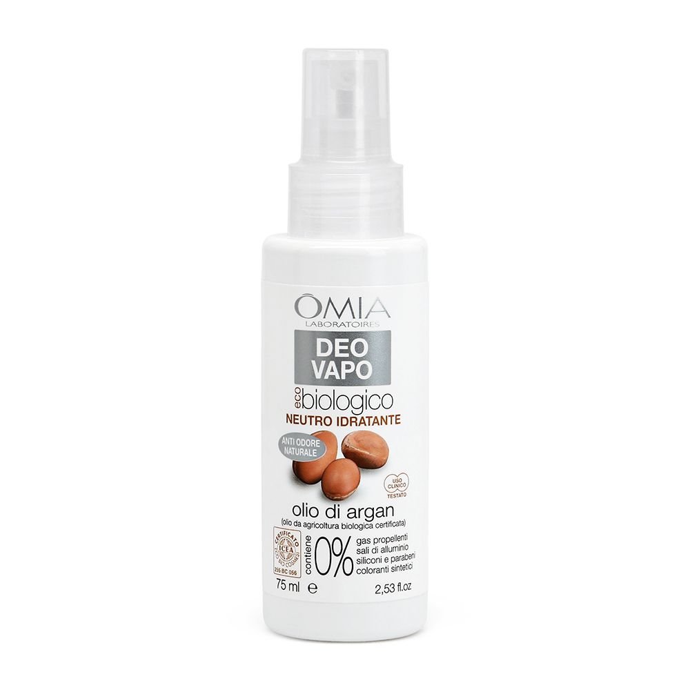 Deodorante OMIA Vapo bianco con vaporizzatore. Scritta: biologico, Neutro Idratante, Olio di Argan. 75 ml.