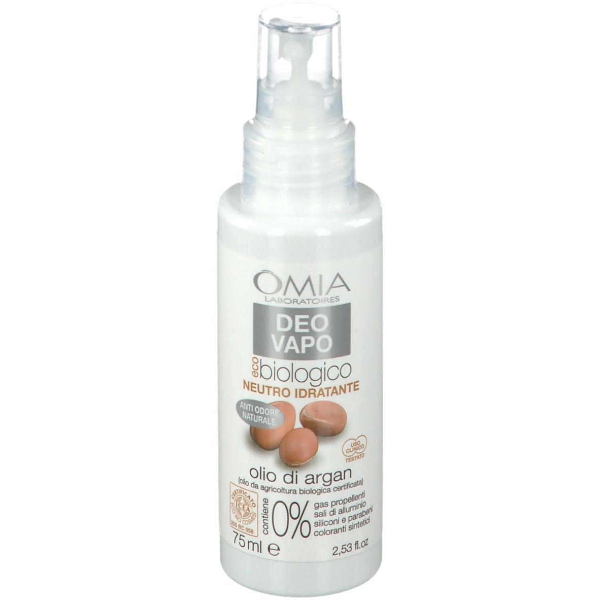 Deodorante OMIA Vapo bianco con vaporizzatore. Scritta: biologico, Neutro Idratante, Olio di Argan. 75 ml.