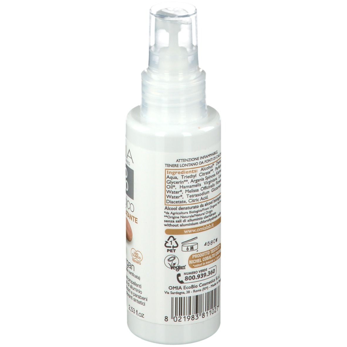 Retro di una bottiglia di deodorante OMIA Vapo bianca. Elenco ingredienti, contatti e simboli di riciclaggio.