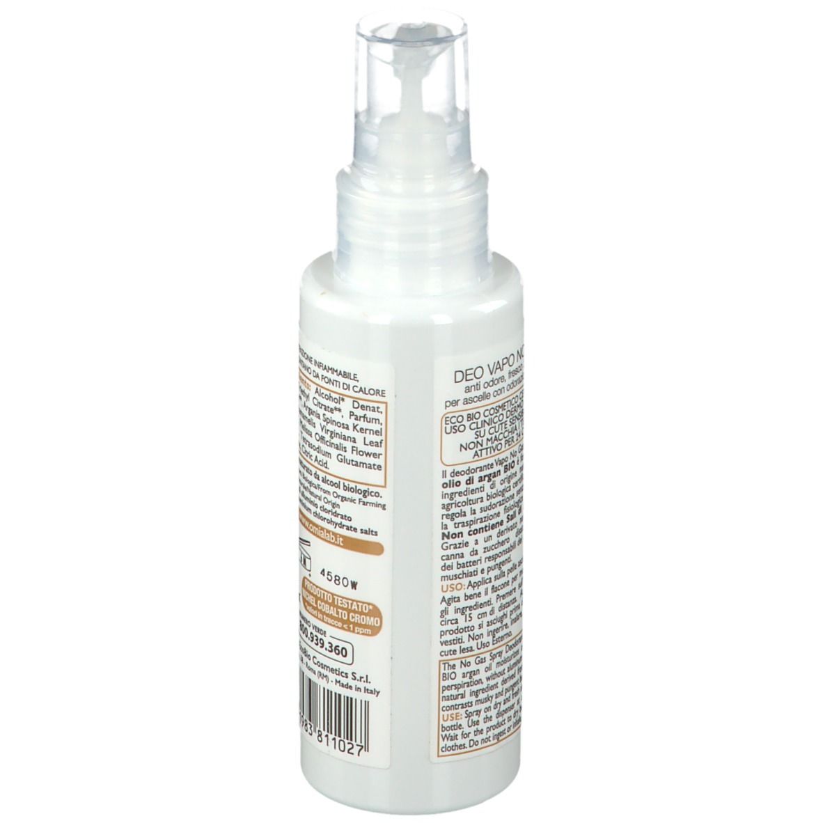 Retro di una bottiglia di deodorante OMIA Vapo bianca. Elenco ingredienti, contatti e simboli di riciclaggio.