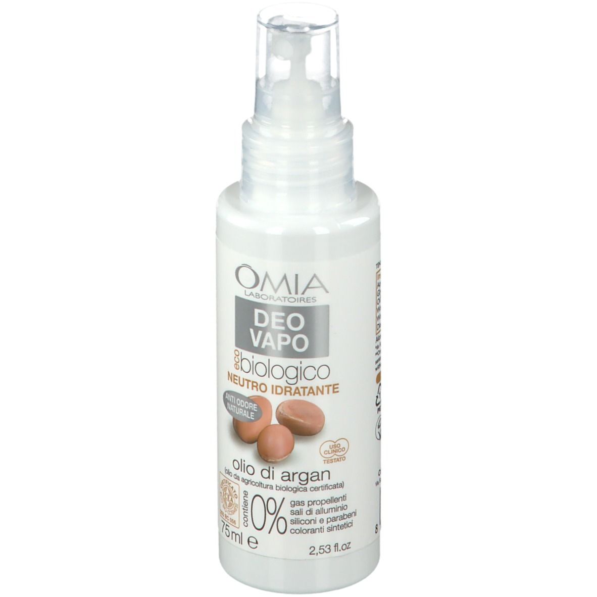 Deodorante OMIA Vapo bianco con vaporizzatore. Scritta: biologico, Neutro Idratante, Olio di Argan. 75 ml.