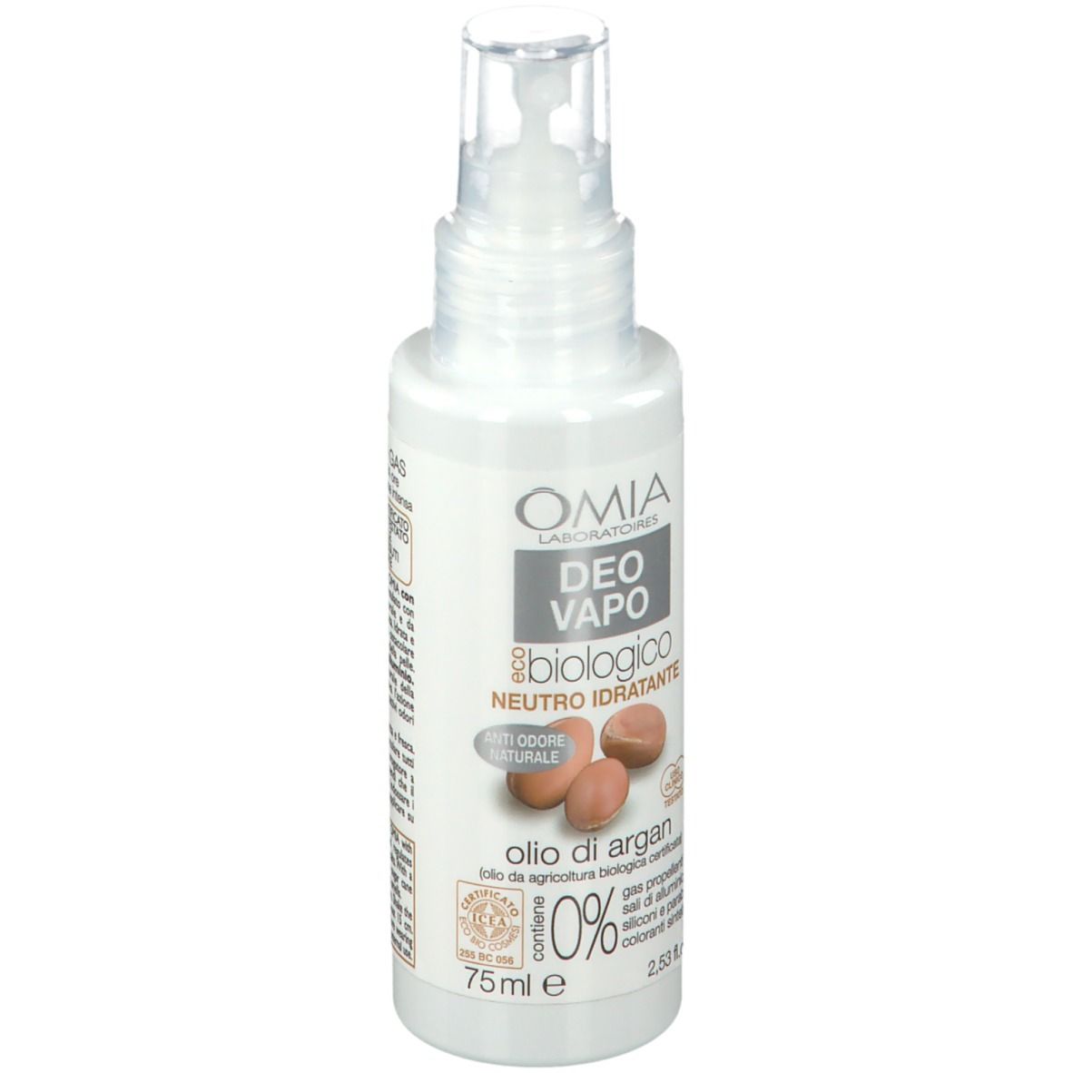 Deodorante OMIA Vapo bianco con vaporizzatore. Scritta: biologico, Neutro Idratante, Olio di Argan. 75 ml.