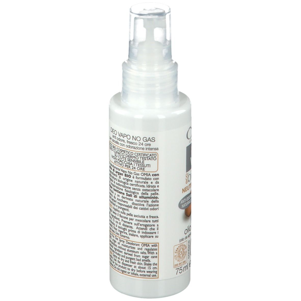 Retro di una bottiglia OMIA Deo Vapo bianca. Testo: Deo Vapo No Gas, certificato biologico, 75 ml.