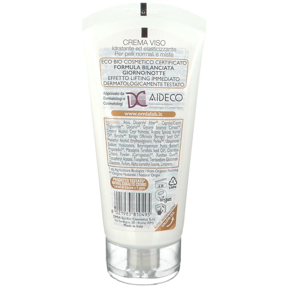 Dos du tube de crème pour le visage OMIA. Texte : Crema Viso, Idratante ed elasticizzante, Eco Bio Cosmetic, Testé dermatologiquement.