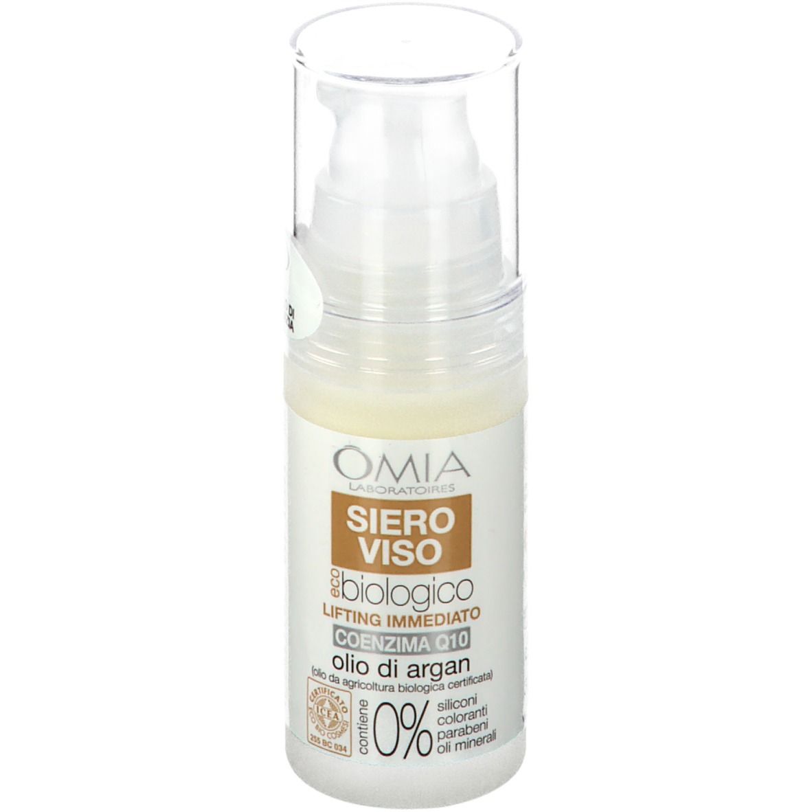 Flacone piccolo con pompa. Etichetta marrone con testo: Siero Viso, biologico, Lifting Immediato, Coenzima Q10, Olio di Argan.