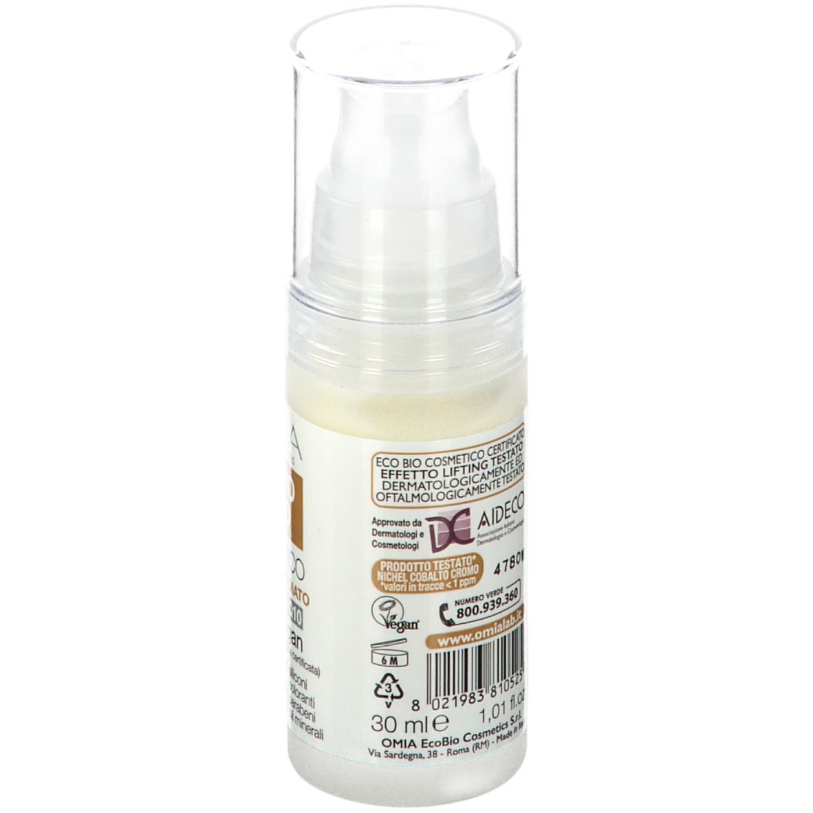 Flacone piccolo con pompa. Etichetta marrone con testo: Siero Viso, biologico, Lifting Immediato, Coenzima Q10, Olio di Argan. 30 ml.