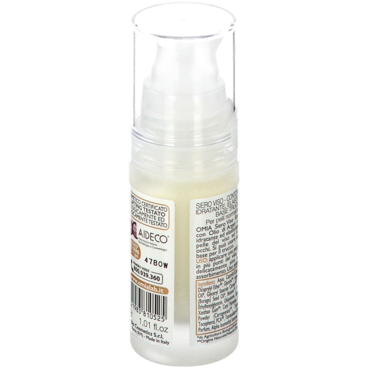 Flacone piccolo con pompa. Etichetta marrone con testo: Siero Viso, biologico, Lifting Immediato, Coenzima Q10, Olio di Argan. 30 ml.