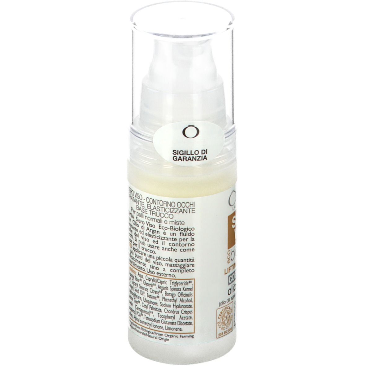 Flacone piccolo con pompa. Etichetta marrone con testo: Siero Viso, biologico, Lifting Immediato, Coenzima Q10, Olio di Argan. 30 ml.