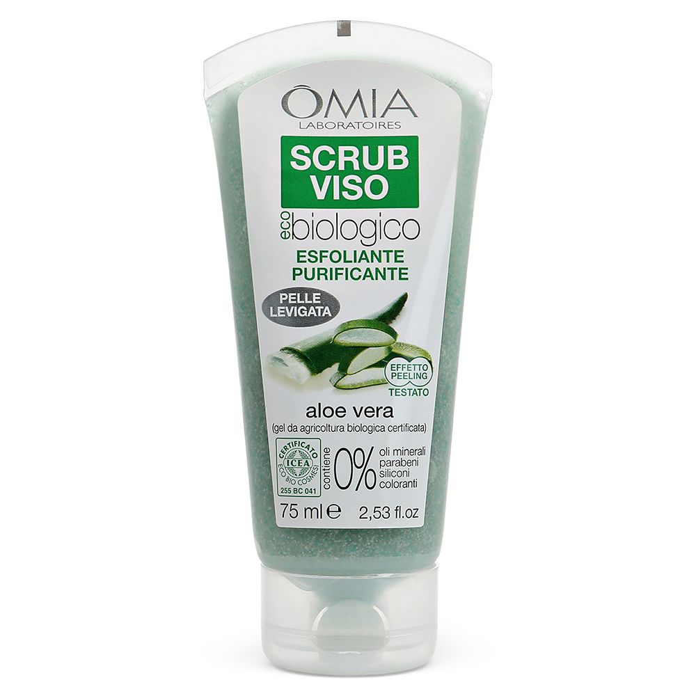 Gel verde in tubo con tappo bianco. Scritte: OMIA, SCRUB VISO, biologico, ESFOLIANTE PURIFICANTE, aloe vera. Certificazioni.