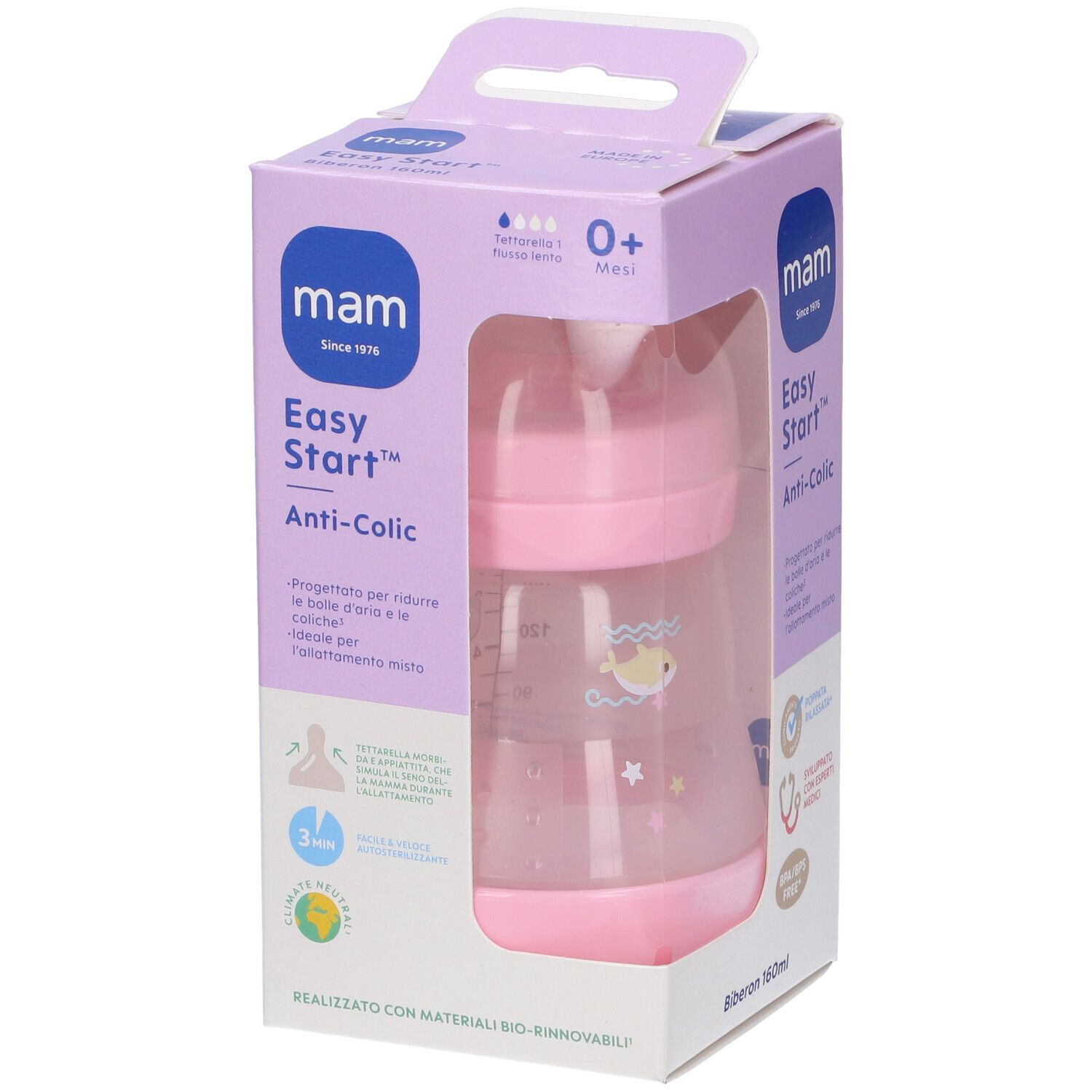 Confezione con biberon. Marchio Mam, Easy Start Anti-Colic. Biberon rosa, 0+ mesi.