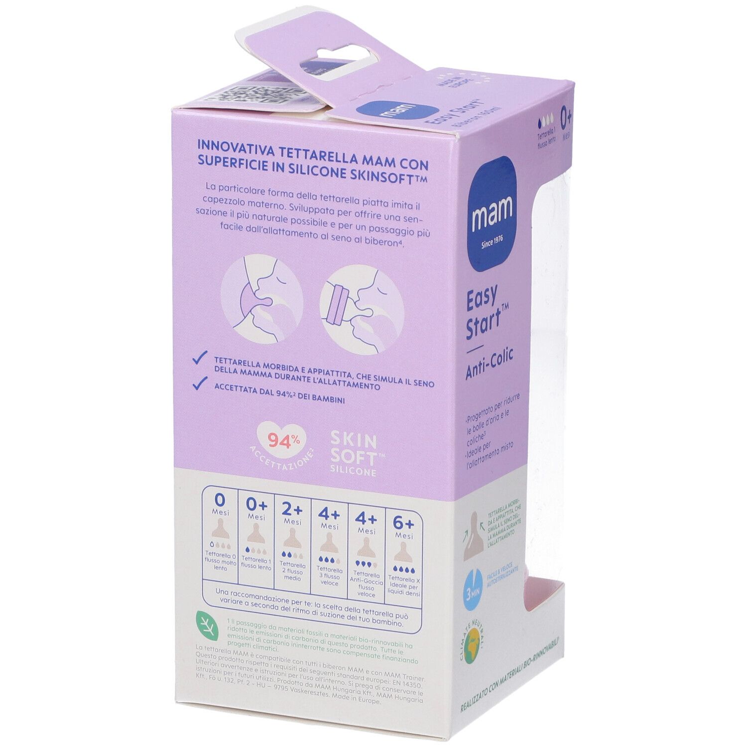 Confezione, Mam Easy Start Anti-Colic. Informazioni sulla forma e le tettarelle.