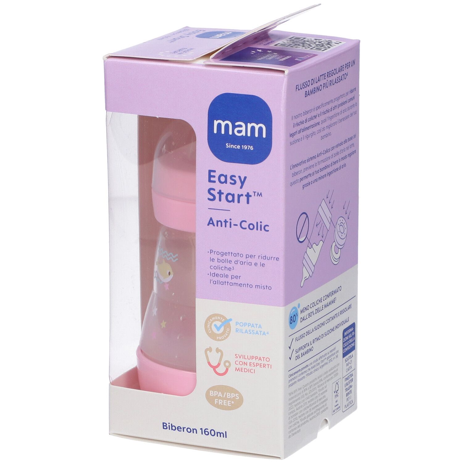 Confezione, Mam Easy Start Anti-Colic. Biberon rosa visibile. Informazioni sul biberon.