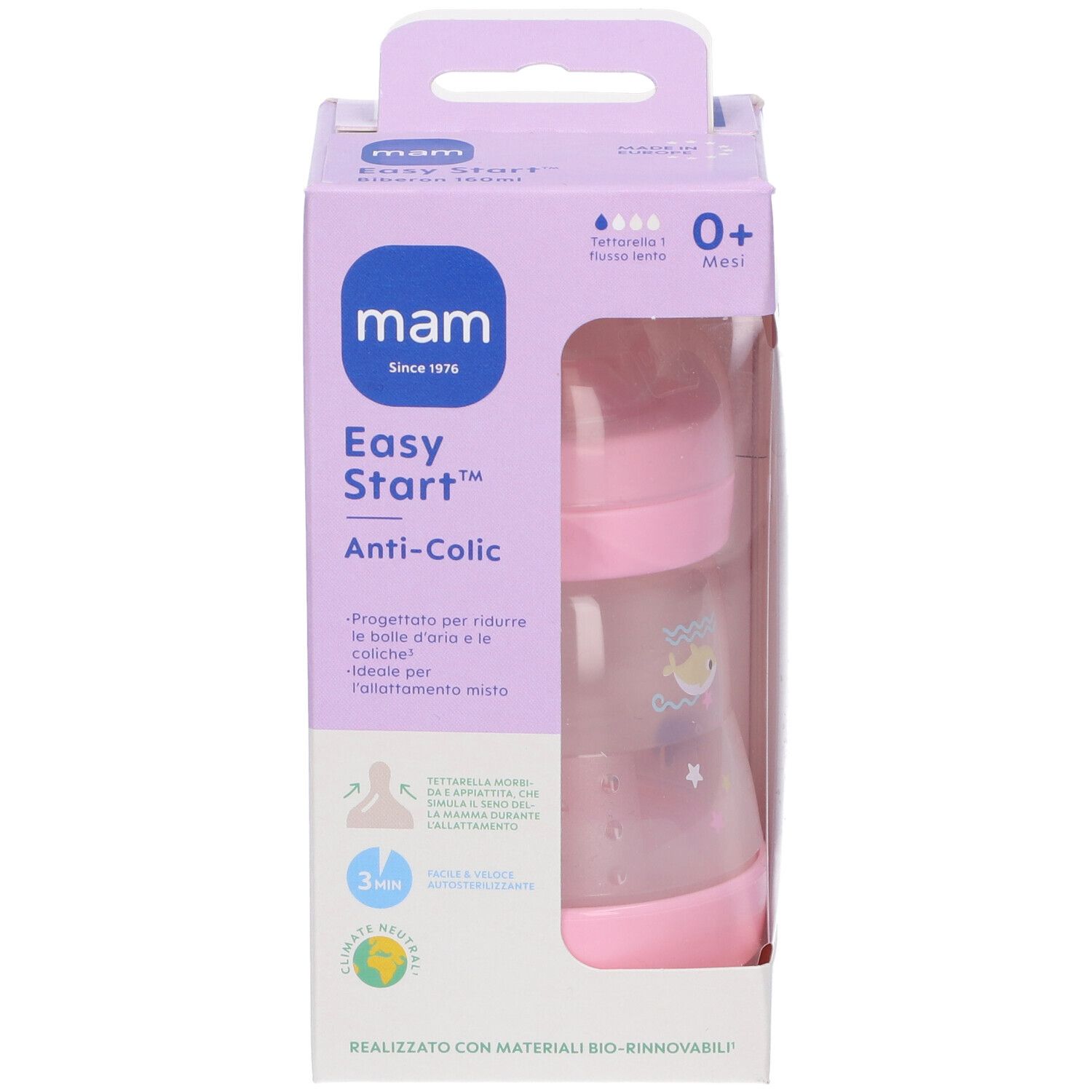 Confezione, Mam Easy Start Anti-Colic. Biberon rosa visibile. 0+ mesi.