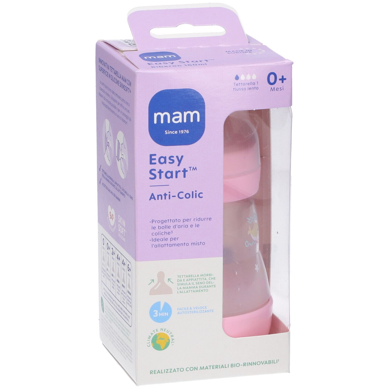 Confezione, Mam Easy Start Anti-Colic. Biberon rosa visibile. 0+ mesi.