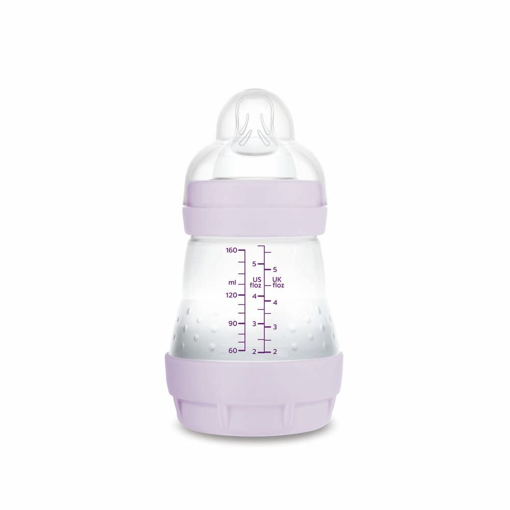 Lila Babyflasche mit Skala in ml und oz, 100ml Fassungsvermögen.