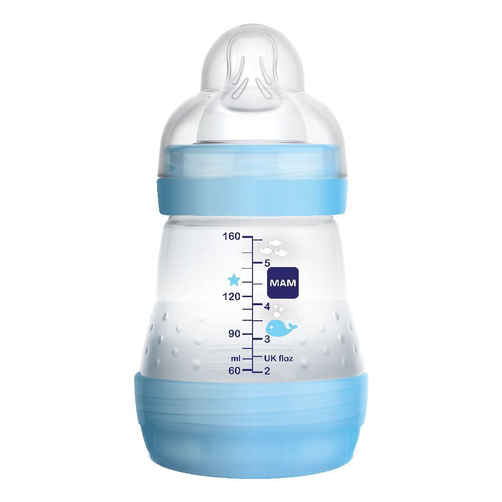 Biberon blu e trasparente. Scala fino a 160 ml. Anello e tettarella blu.