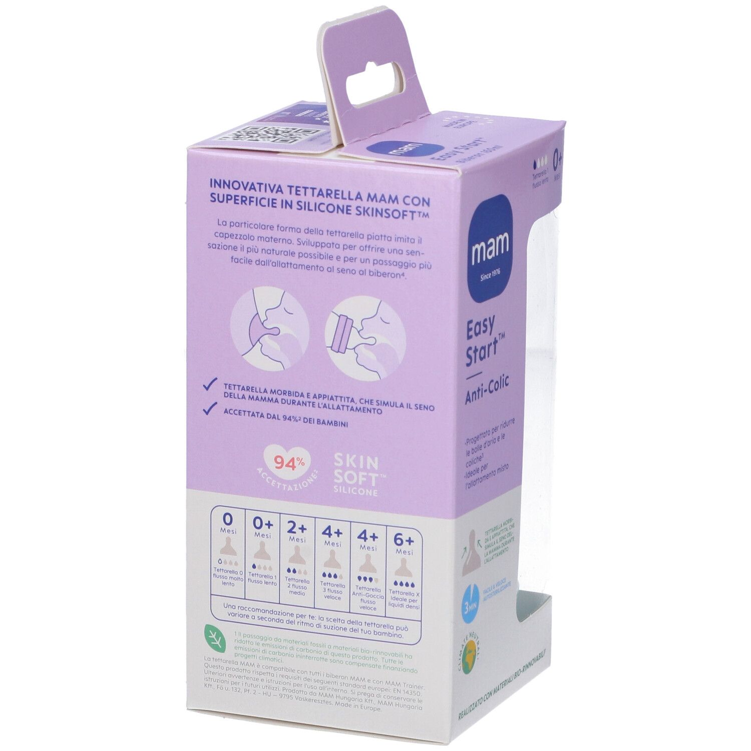 Retro della confezione. Informazioni e illustrazioni del prodotto. MAM Easy Start Anti-Colic. 0+ mesi.