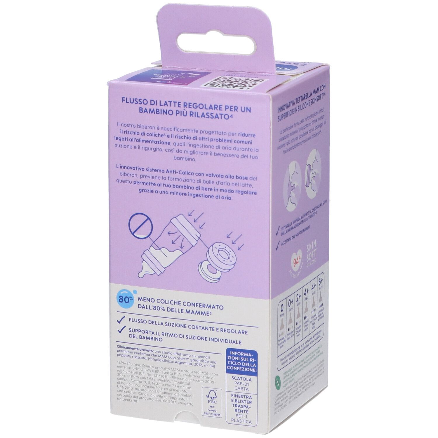 Confezione con informazioni sul prodotto. Illustrazioni e testo. MAM Easy Start Anti-Colic. 80% meno coliche.