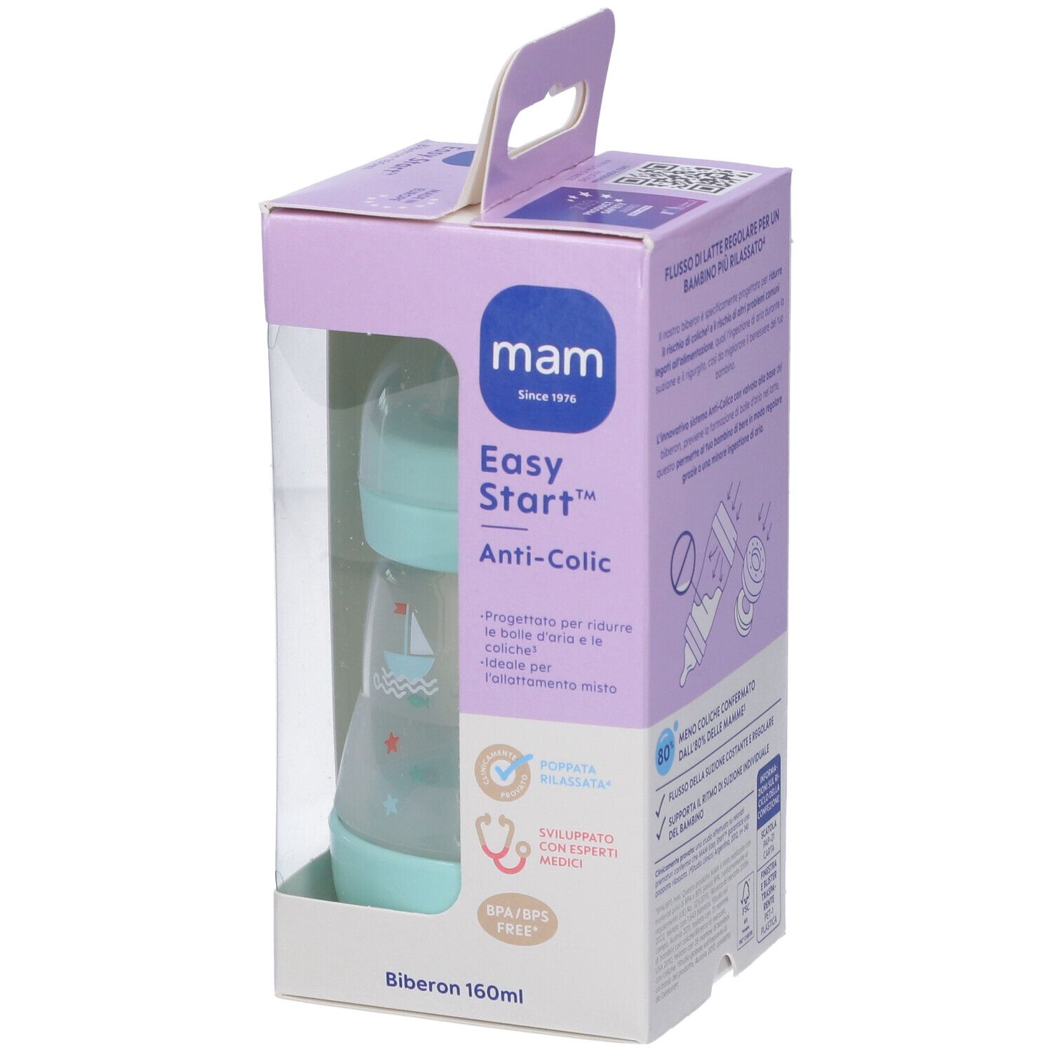 Confezione con biberon. Nome prodotto: MAM Easy Start Anti-Colic. Finestra. Biberon verde menta.