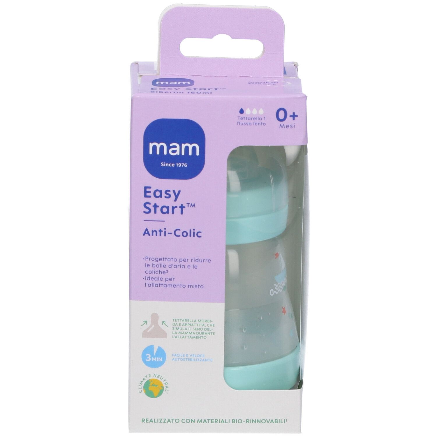 Confezione con biberon. Nome prodotto: MAM Easy Start Anti-Colic. 0+ mesi. Biberon verde menta.