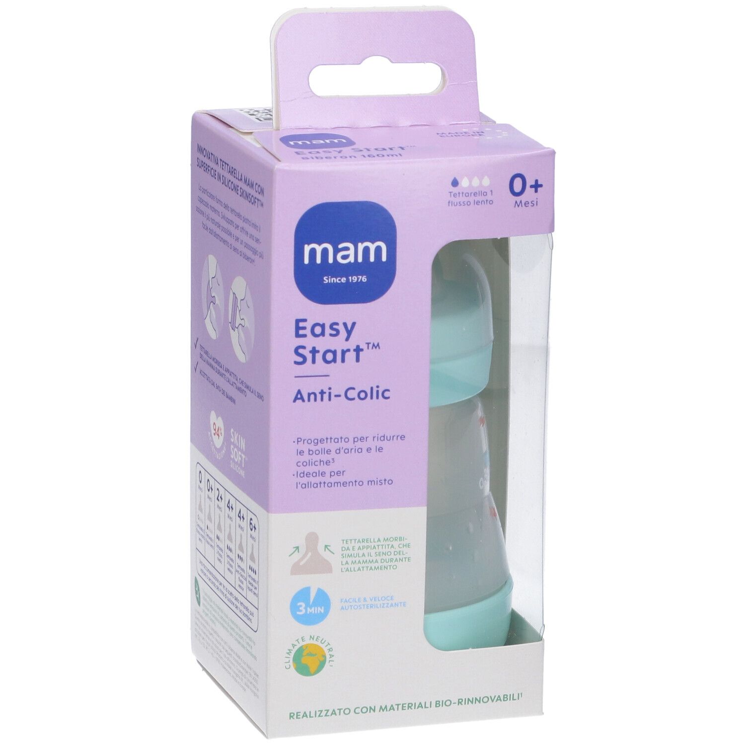 Confezione con biberon. Nome prodotto: MAM Easy Start Anti-Colic. 0+ mesi. Biberon verde menta.