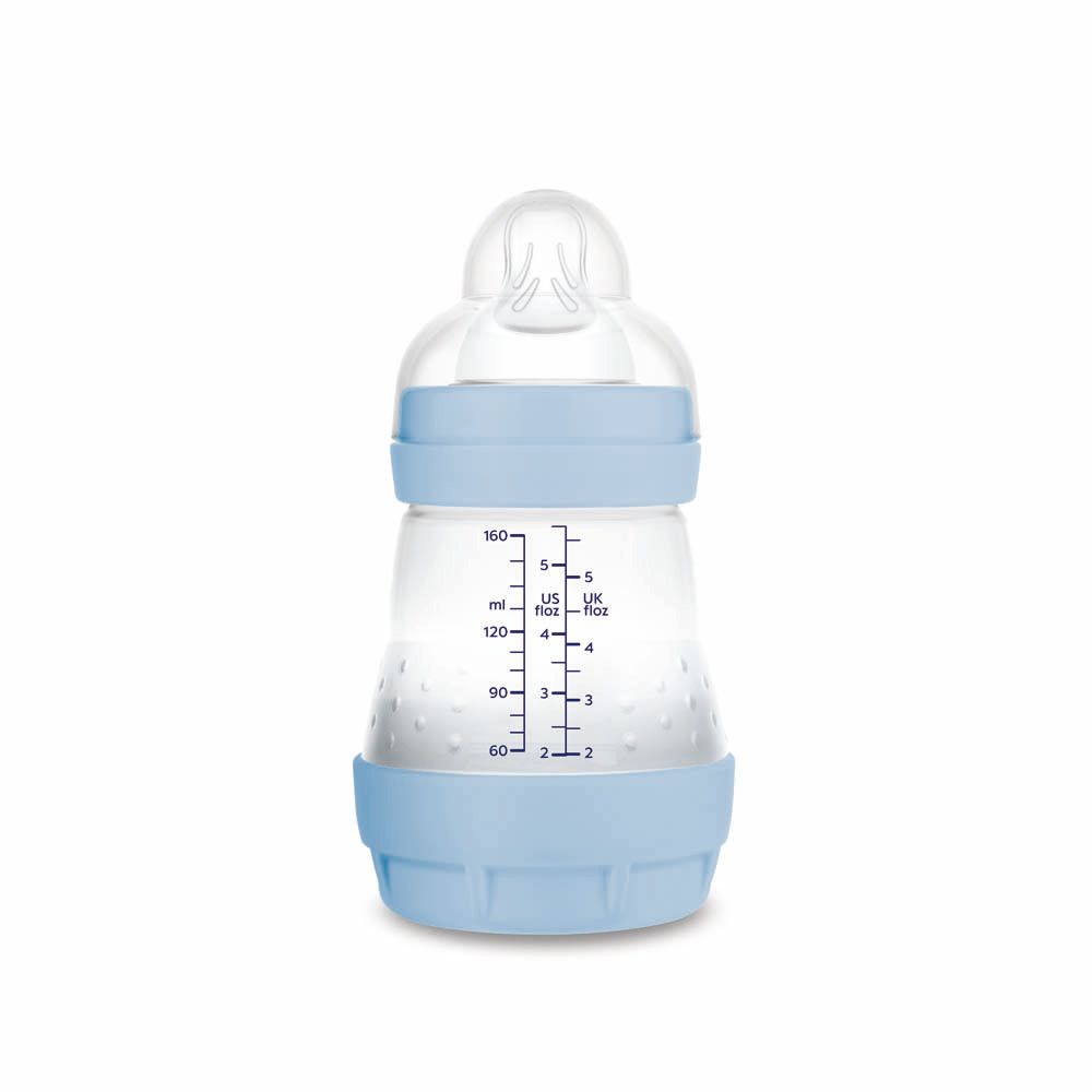 Babyflasche mit Skala in ml und oz. Lila Manschette unten und am Hals. Dekoriert mit einem Lama-Motiv.