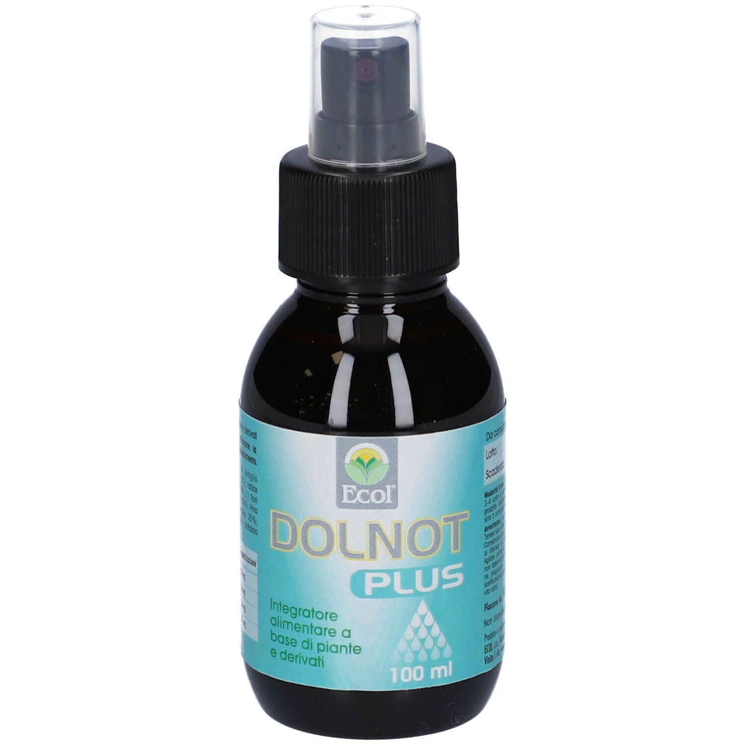Flacone marrone con erogatore nero. Scritta 'DOLNOT PLUS' e '100 ml'.
