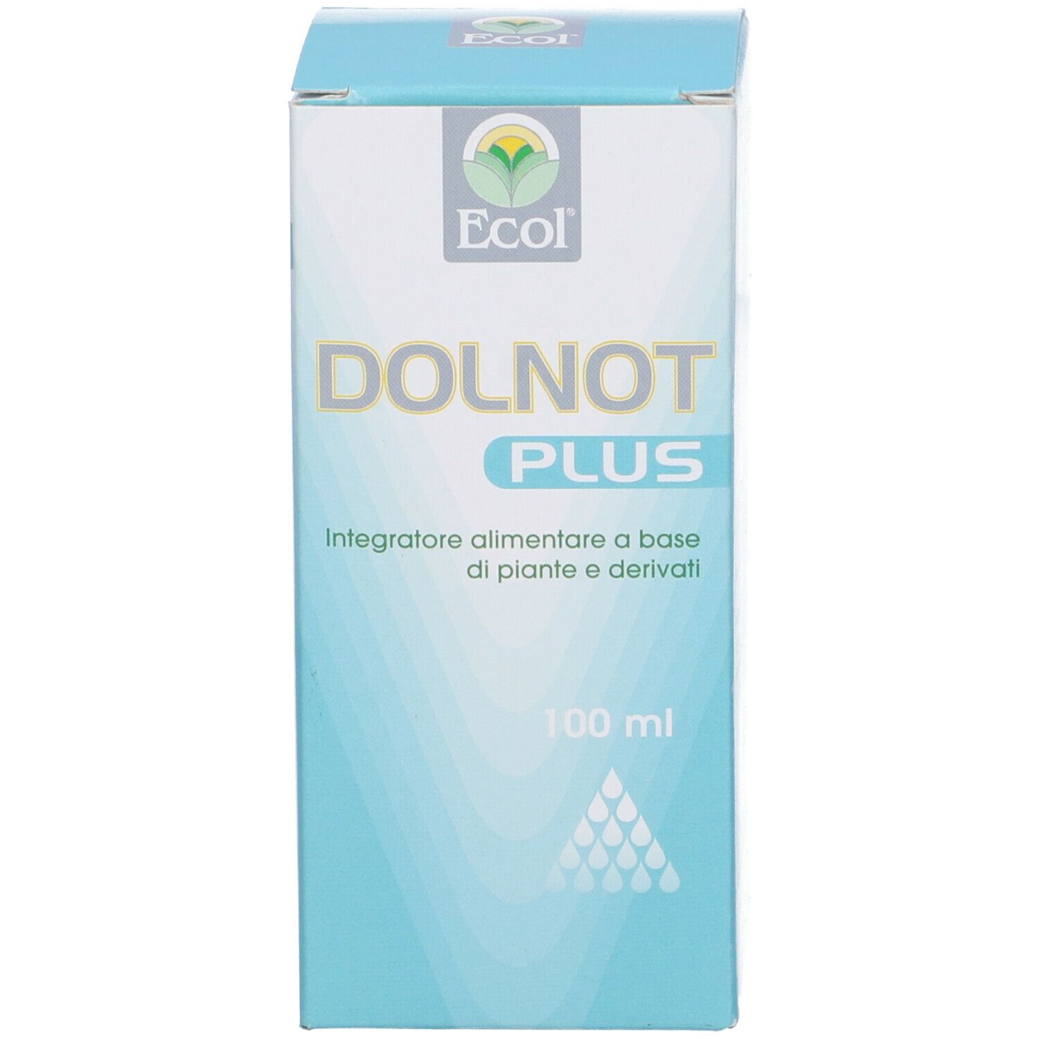 Scatola con scritta 'DOLNOT PLUS' e '100 ml'. Design bianco-azzurro.