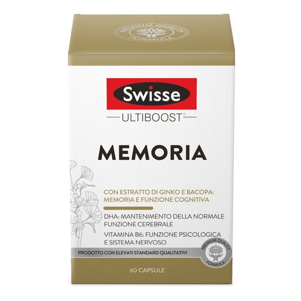 Swisse Ultiboost Memoria. Scatola marrone con logo rosso. Testo: Memoria, 60 capsule.
