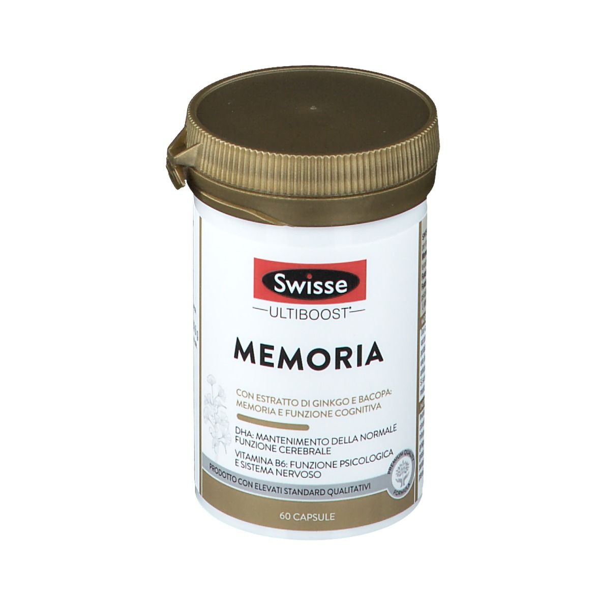 Swisse Ultiboost Memoria. Flacone bianco, coperchio marrone. Testo: Memoria, 60 capsule.