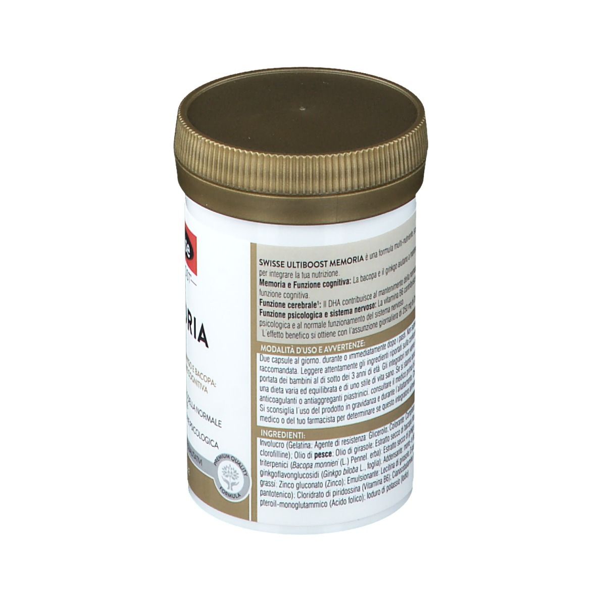 Swisse Ultiboost Memoria. Flacone bianco, coperchio marrone. Testo e ingredienti.