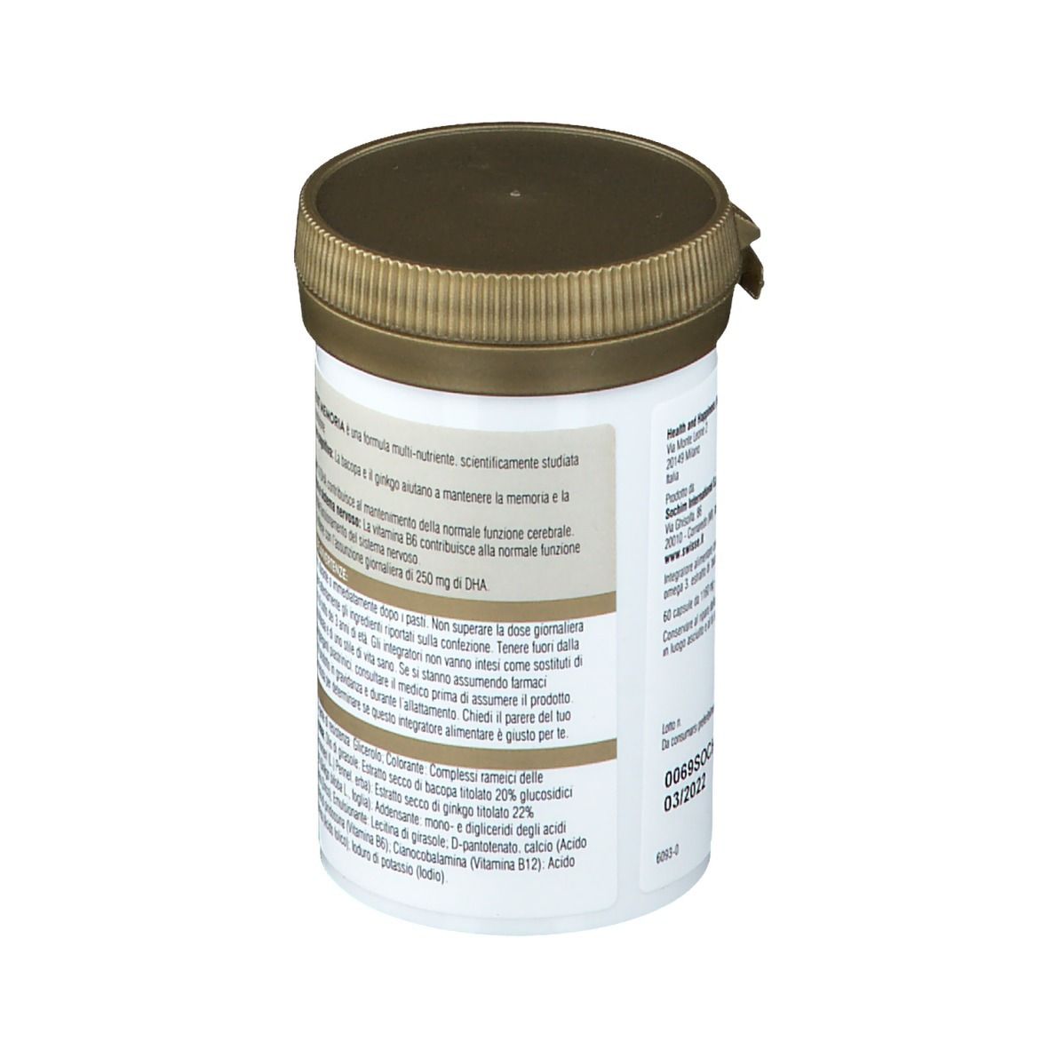 Swisse Ultiboost Memoria. Flacone bianco, coperchio marrone. Testo e ingredienti.