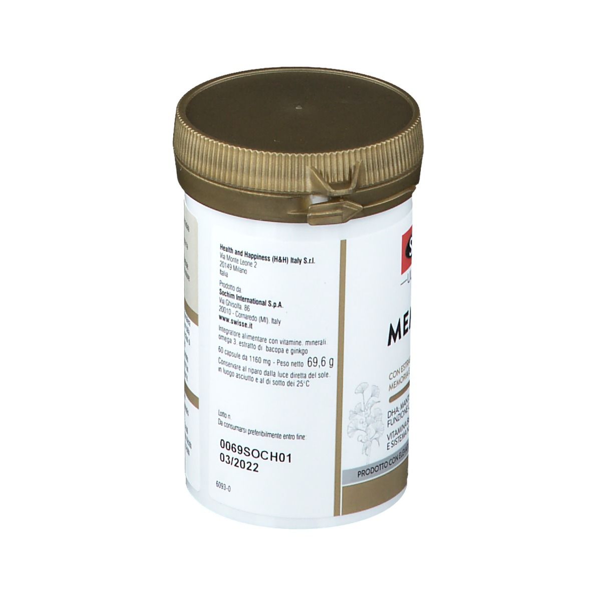 Swisse Ultiboost Memoria. Flacone bianco, coperchio marrone. Testo e ingredienti.