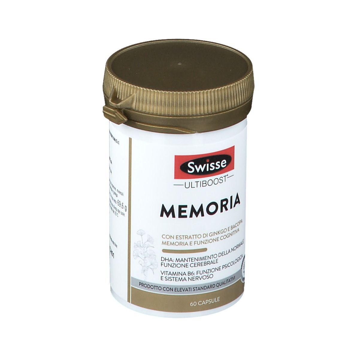 Swisse Ultiboost Memoria. Flacone bianco, coperchio marrone. Testo: Memoria, 60 capsule.