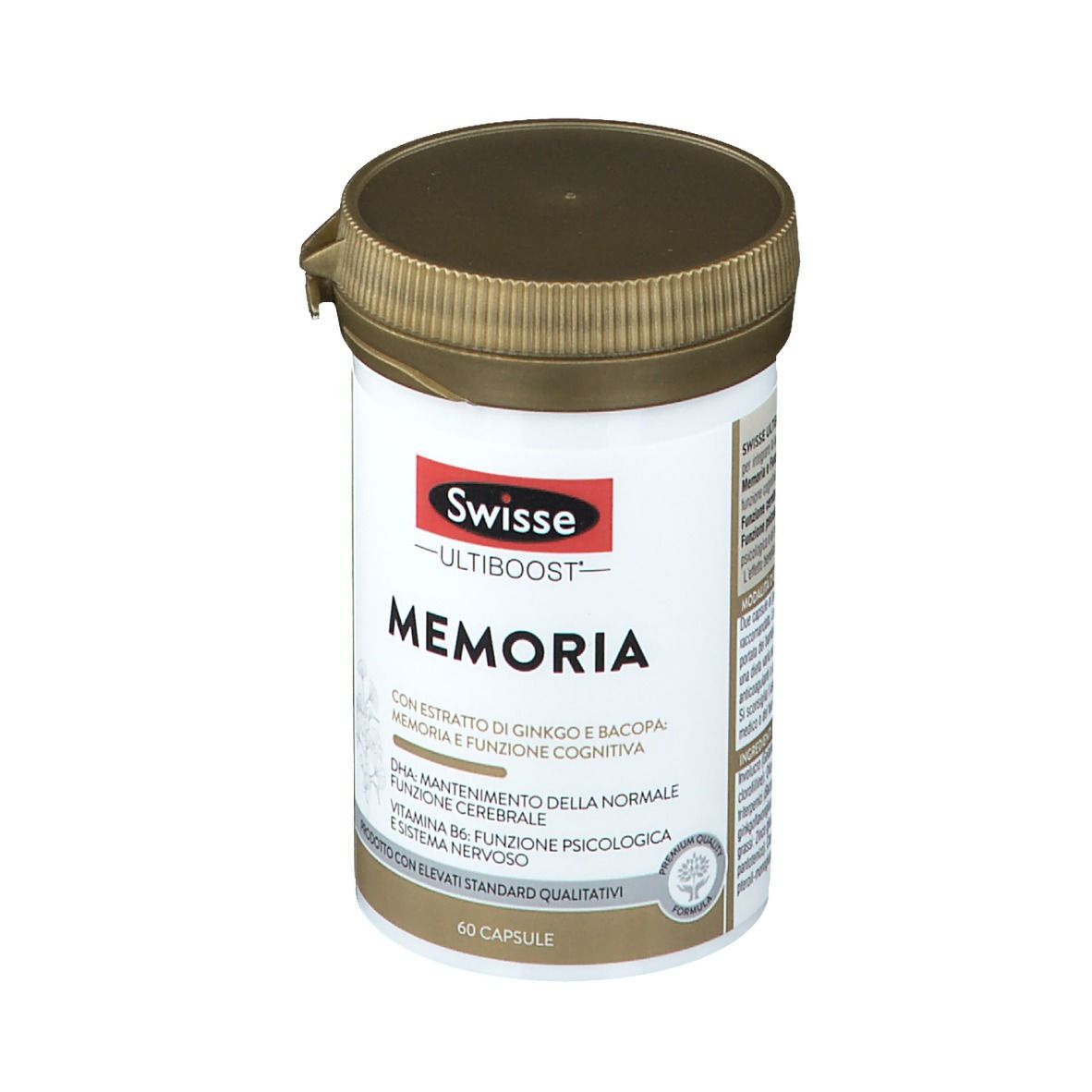 Swisse Ultiboost Memoria. Flacone bianco, coperchio marrone. Testo: Memoria, 60 capsule.