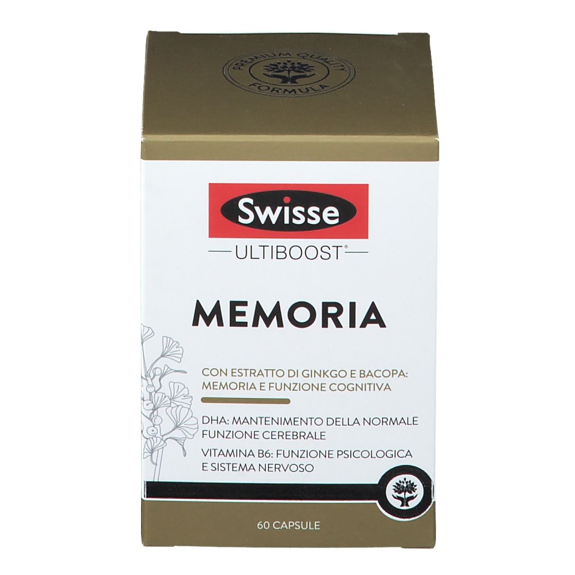 Swisse Ultiboost Memoria. Scatola marrone con logo rosso. Testo: Memoria, 60 capsule.