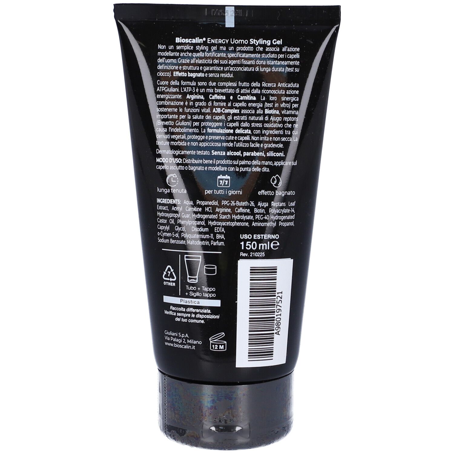 Rückseite der schwarzen Tube Bioscalin® Energy Stylingel. Text, Inhaltsstoffe und Anwendungshinweise.