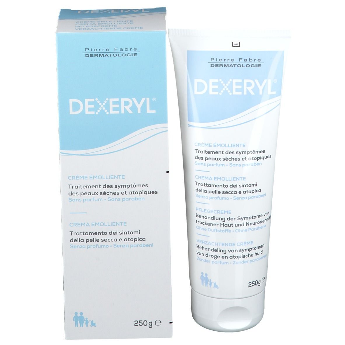 Tubo e scatola di crema DEXERYL. Bianco, blu. Crema emolliente. 250g. Pierre Fabre Dermatologie.