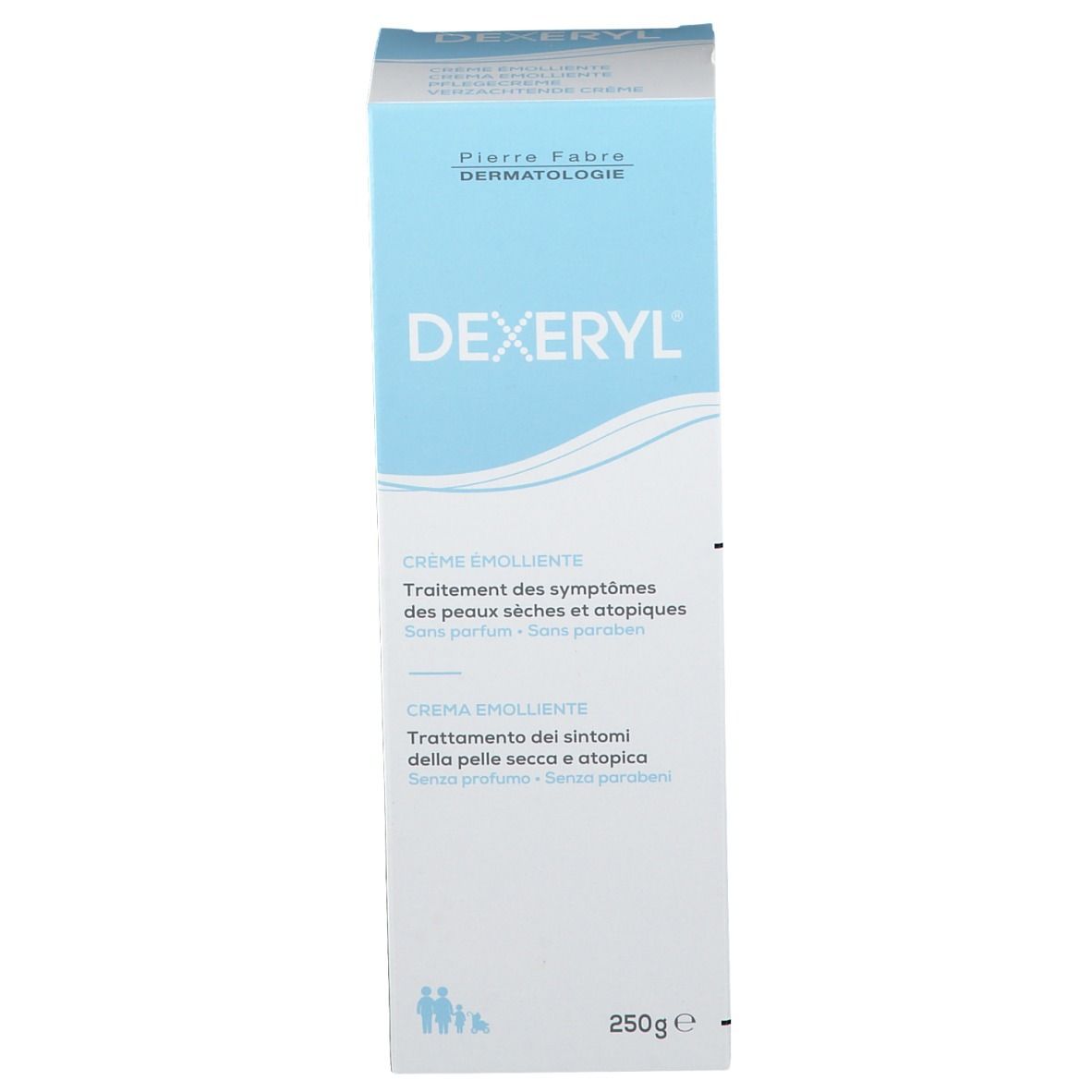 Scatola di crema DEXERYL, bianca, blu. Crema emolliente. 250g. Pierre Fabre Dermatologie.