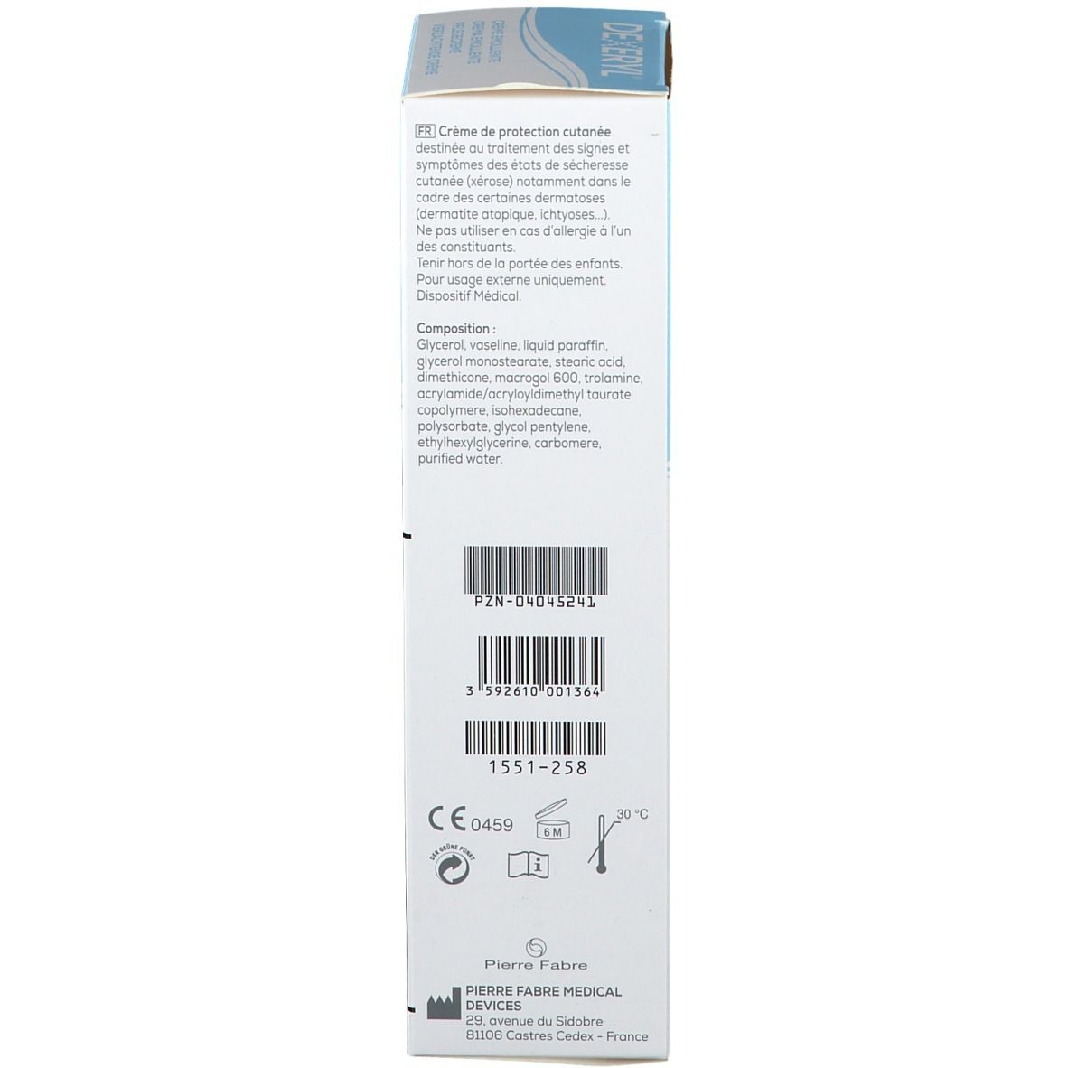 Retro della scatola di crema DEXERYL. Testo multilingue. Marchio CE. Pierre Fabre Medical Devices.