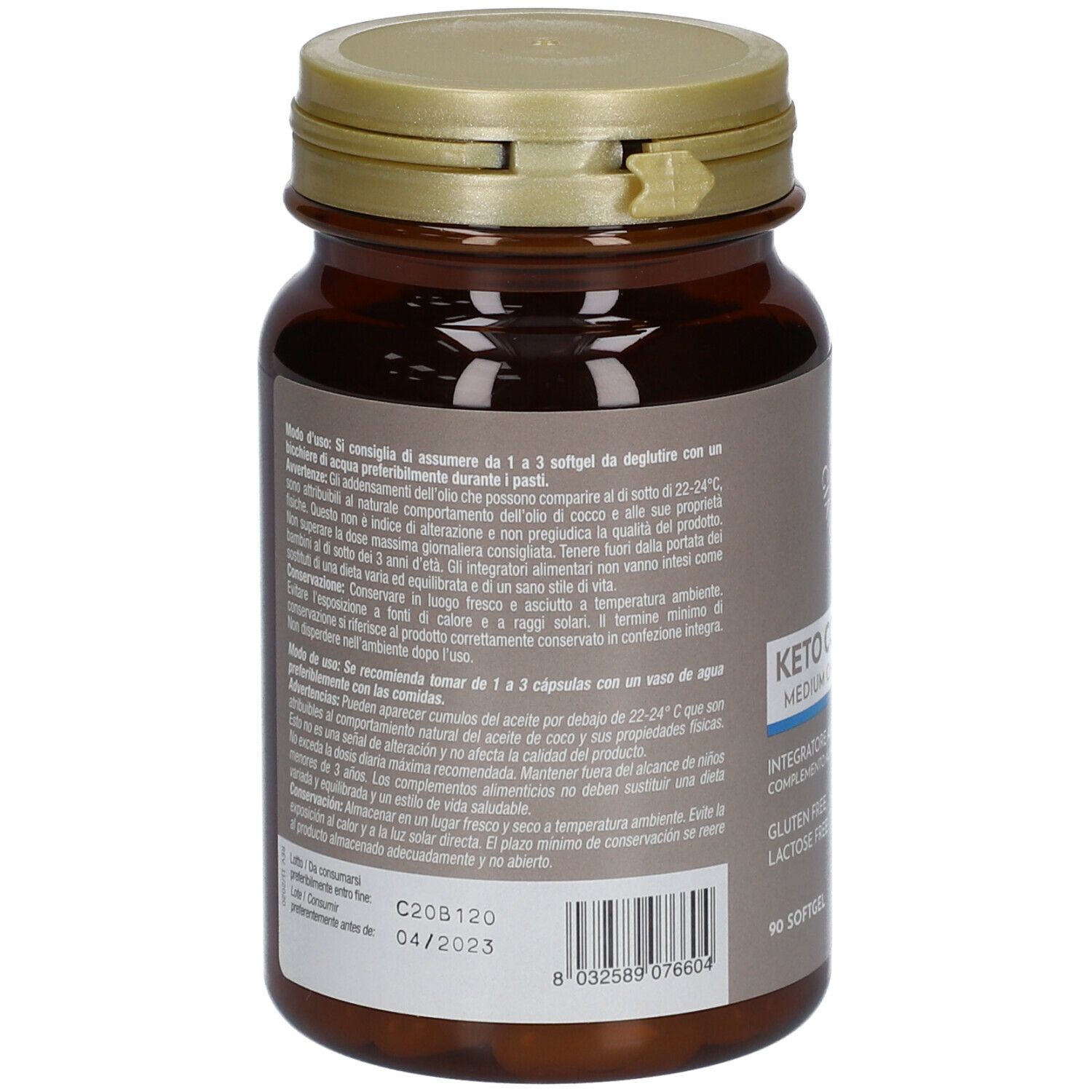 Retro del flacone marrone GIANLUCA MECH® Keto Coconut MCT. Testo in italiano. Contiene informazioni sull'uso e gli ingredienti.