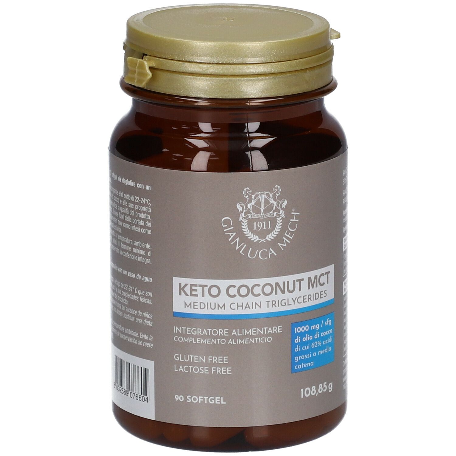Flacone marrone GIANLUCA MECH® Keto Coconut MCT. Scritto: Senza glutine, senza lattosio. 90 capsule softgel. 108,85 g.