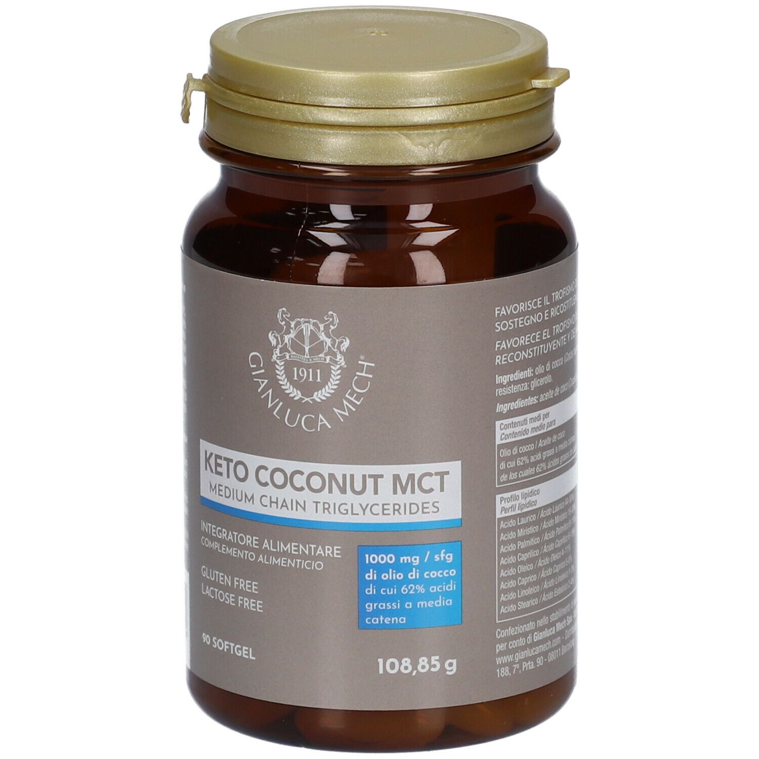 Flacone marrone GIANLUCA MECH® Keto Coconut MCT. Scritto: Senza glutine, senza lattosio. 90 capsule softgel. 108,85 g.