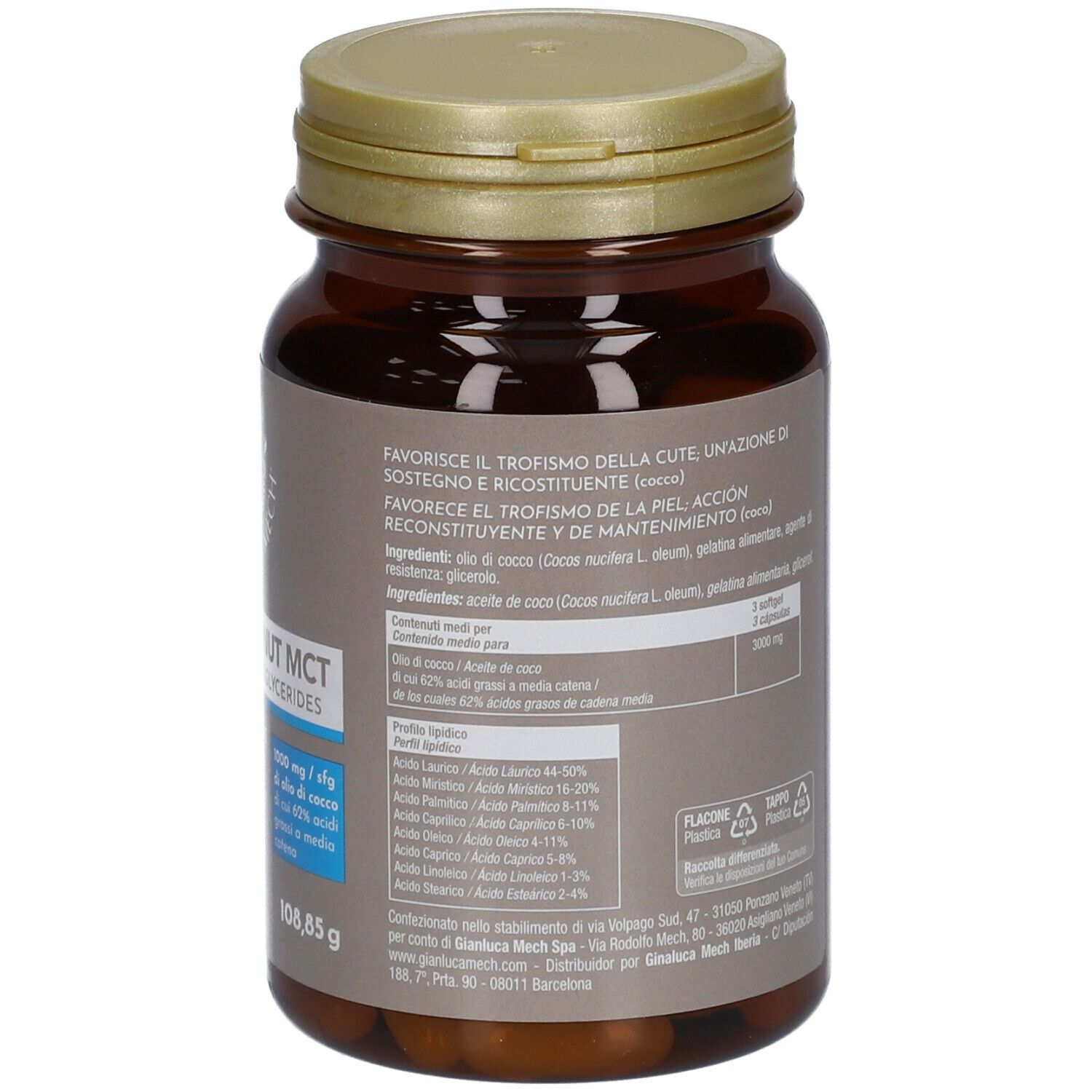 Retro del flacone marrone GIANLUCA MECH® Keto Coconut MCT. Testo in italiano. Contiene informazioni su ingredienti e valori nutrizionali.