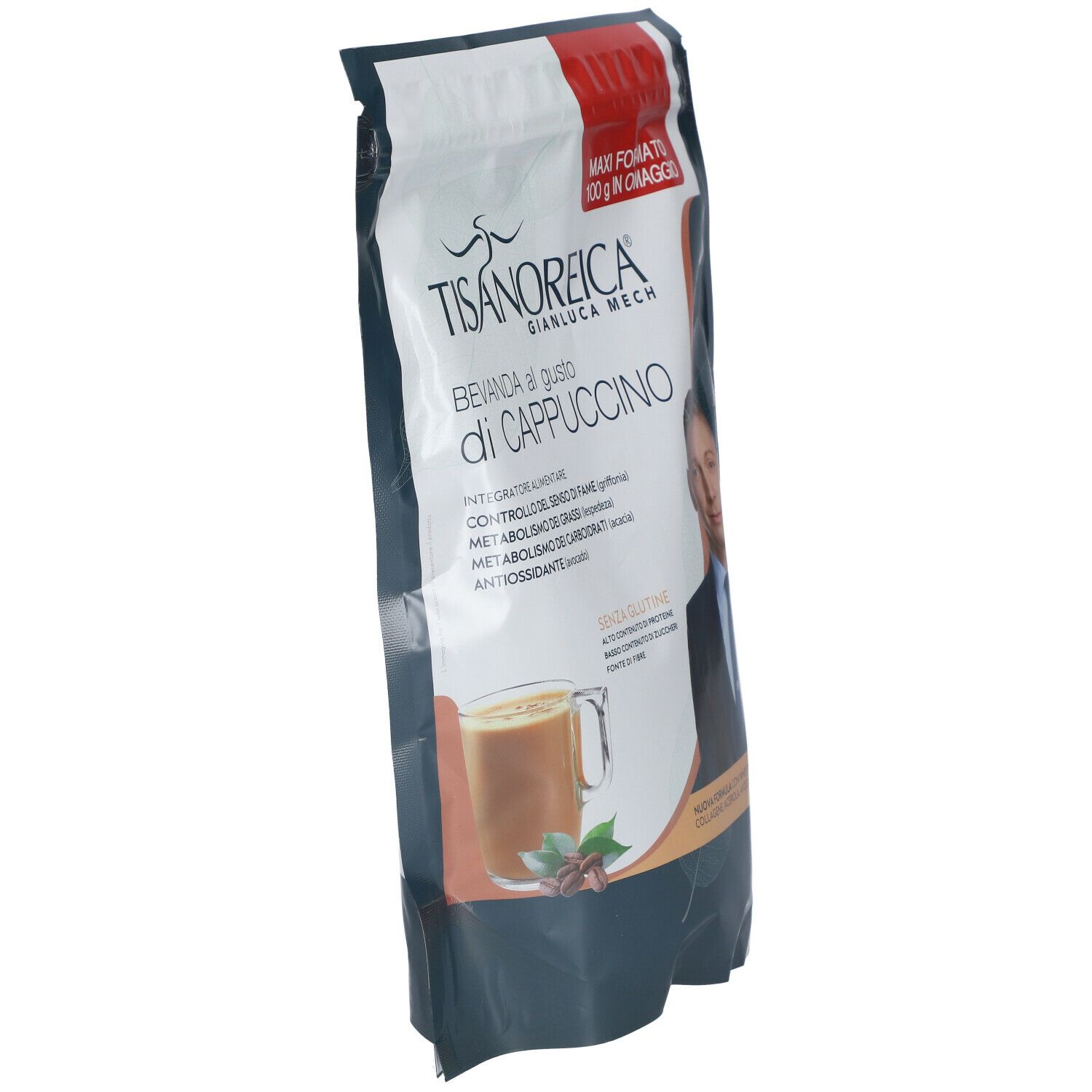 Busta prodotto, in diagonale. Testo: TISANOREICA, gusto cappuccino. Uomo in giacca. Senza glutine. Illustrazione cappuccino.