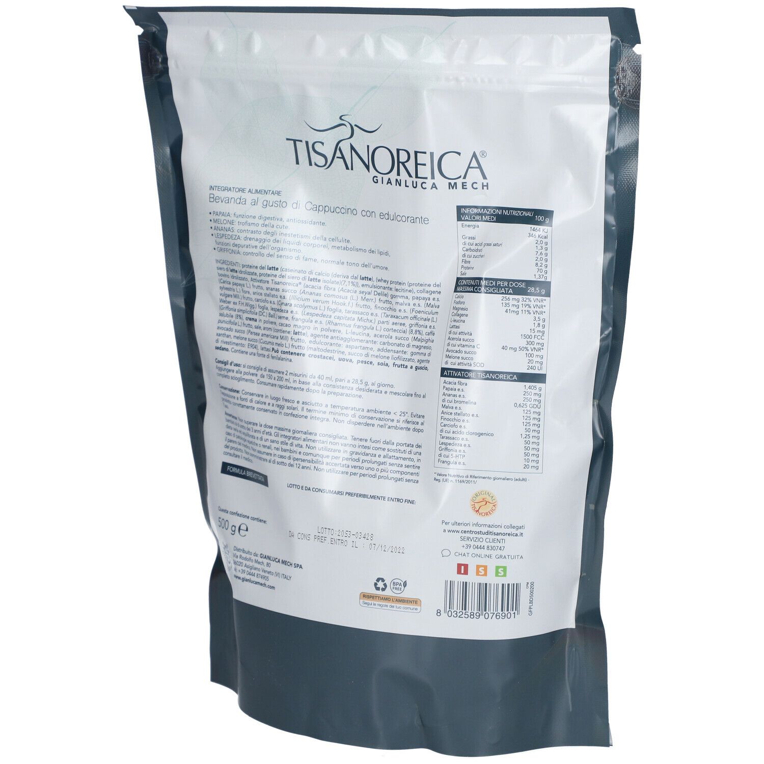 Retro della busta del prodotto. Testo: TISANOREICA, gusto cappuccino. Elenco ingredienti e informazioni nutrizionali. Codice a barre.