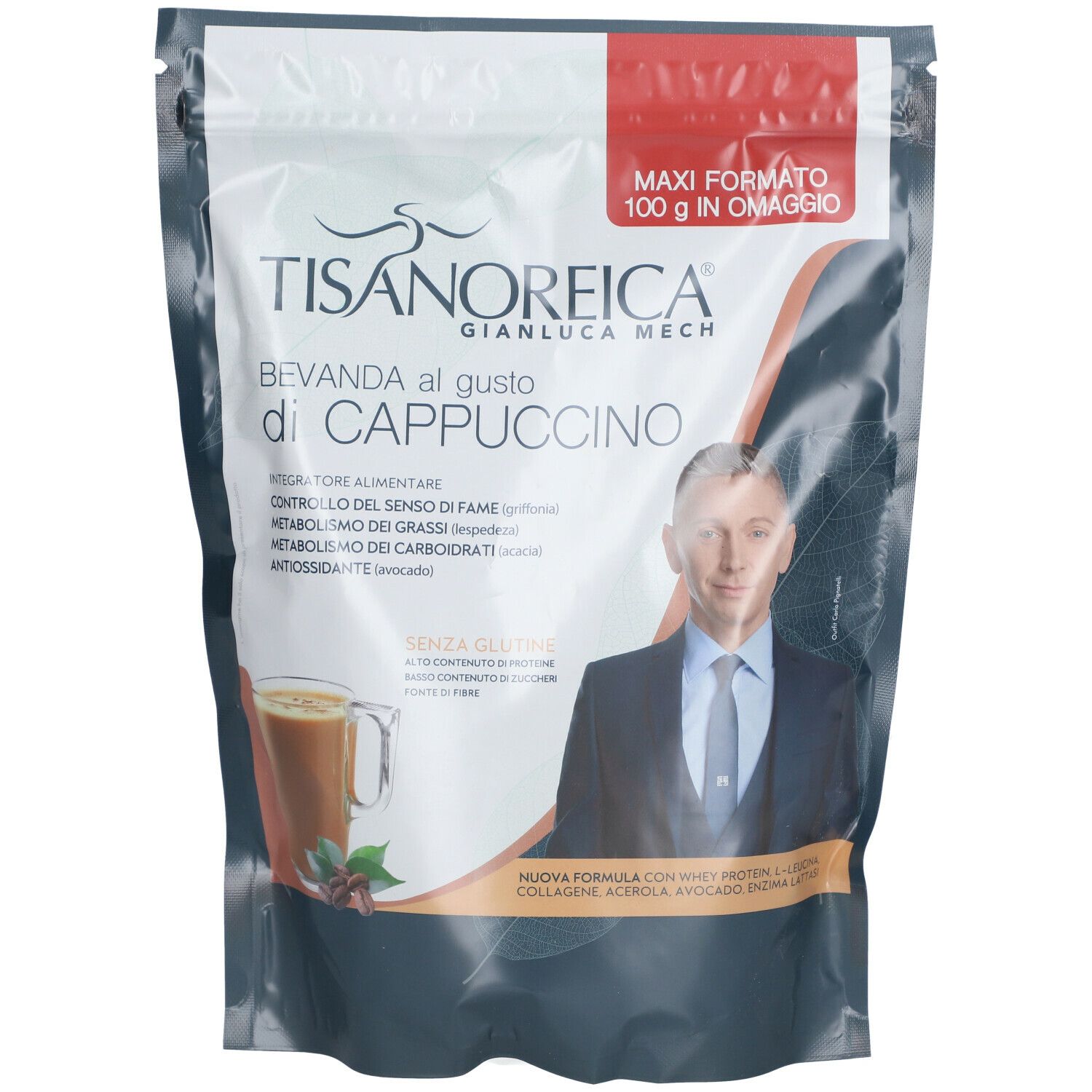 Busta prodotto. Testo: TISANOREICA, gusto cappuccino. Uomo in giacca. Senza glutine. Maxi formato. Illustrazione cappuccino.